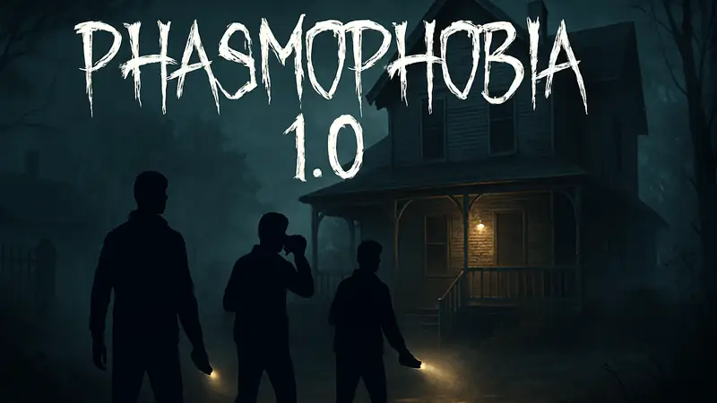 Логотип Phasmophobia 1.0 на фоне мрачной локации из игры, где охотники ищут призраков.