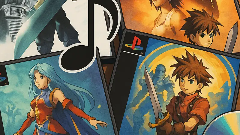 Обложки классических PS1 JRPG с упоминанием их легендарных саундтреков, символизирующих музыкальное наследие PlayStation.
