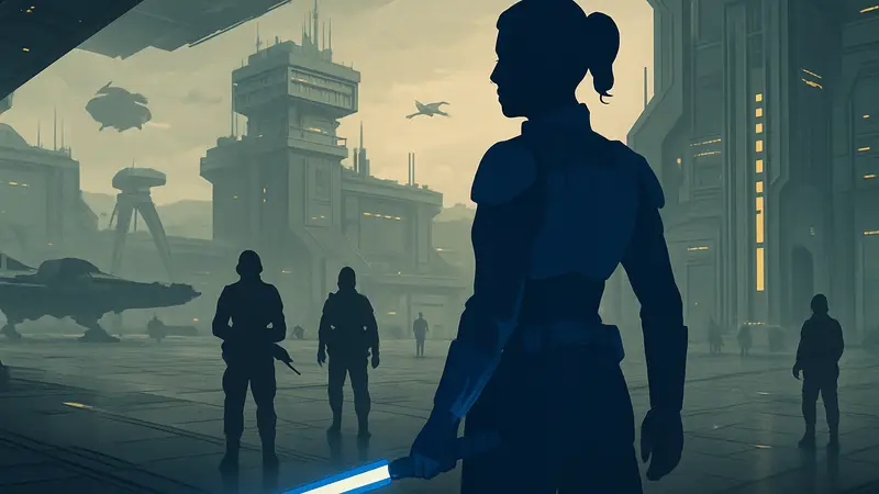 Женщина-джедай с синим световым мечом в футуристической униформе Star Wars Zero Company