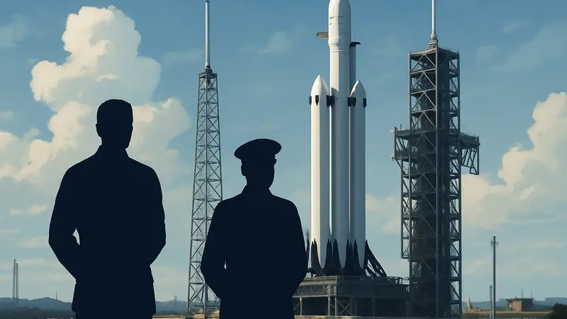 Ракета SpaceX Falcon Heavy на стартовой площадке, иллюстрация к новостям о контрактах Space Force.