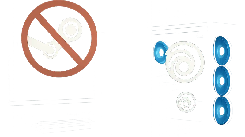 Логотип Steam, знак запрета и логотип Ubisoft на фоне геймерского ПК.