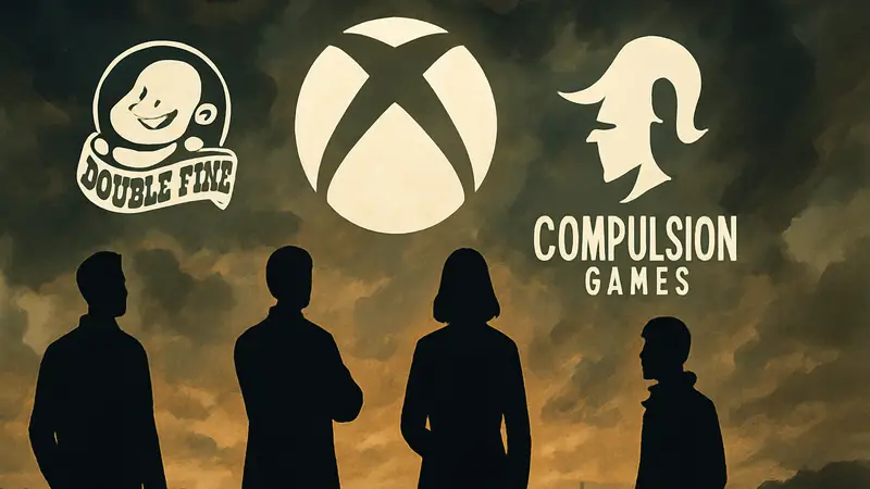 Логотипы Xbox, Double Fine, Ninja Theory и Compulsion Games на фоне символизирующем неопределённость.