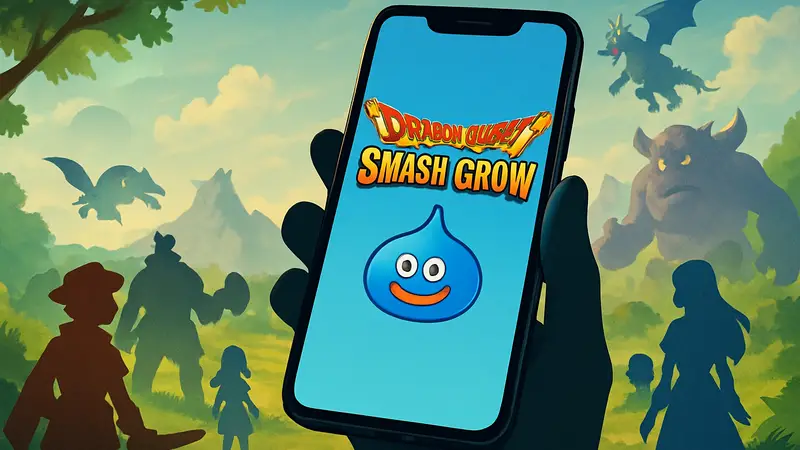 Логотип Dragon Quest Smash/Grow на экране мобильного телефона с игровыми персонажами.