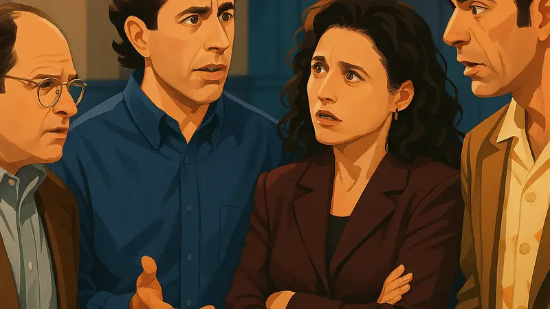 Актеры сериала «Сайнфелд» в финальной сцене, возможно, обсуждающие спорный момент или смотрящие друг на друга.