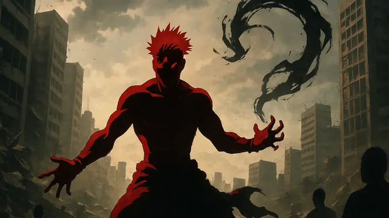 Сукуна из аниме Jujutsu Kaisen в своей истинной форме во время арки "Разборка в Синдзюку", демонстрирующий мощь.