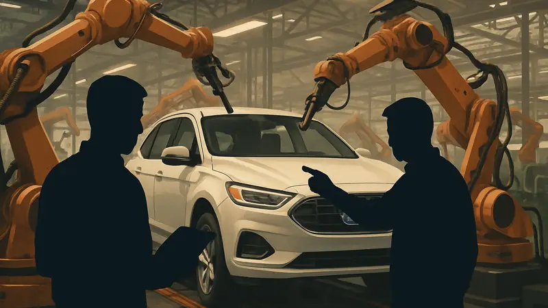 Роботы на заводе Ford, инженеры исправляют ошибки ИИ, автоматизированное производство