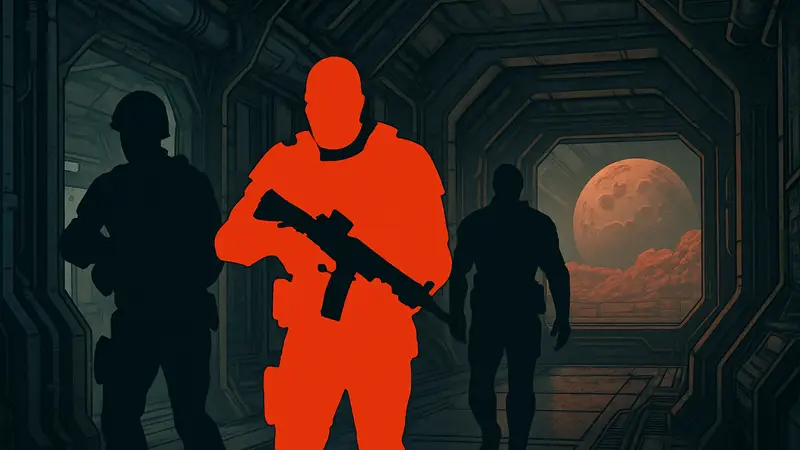 Кадр из фильма Doom, где бойцы спецназа с оружием идут по марсианской базе. Сза