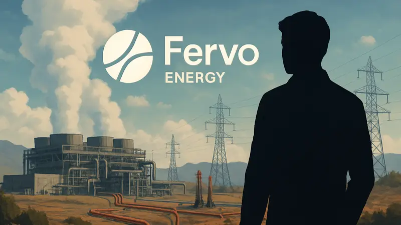 Логотип Fervo Energy на фоне геотермальной электростанции, символизирующий будущее IPO компании.