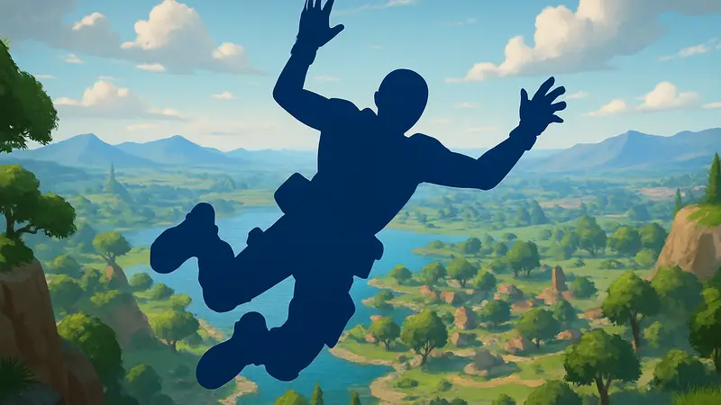 Персонаж Fortnite падает с высоты над ярким игровым миром, показывая изменения в механике урона.