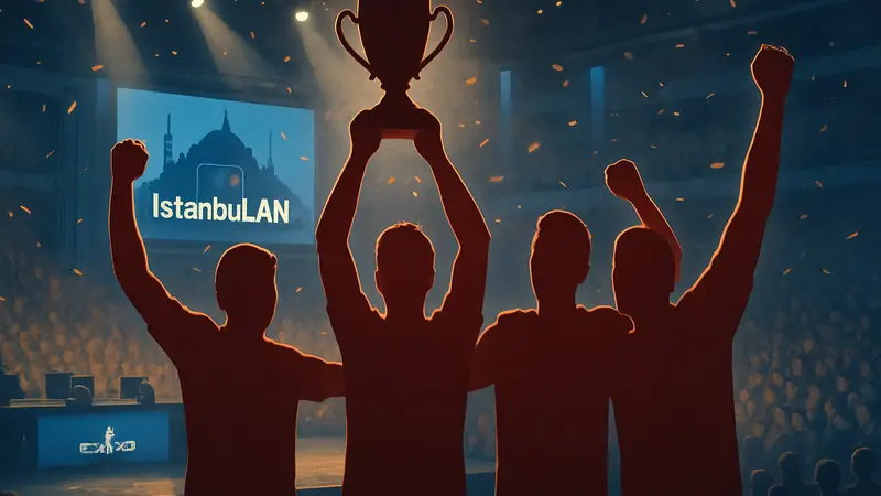Команда Gentle Mates празднует победу на киберспортивном турнире IstanbuLAN по CS2.