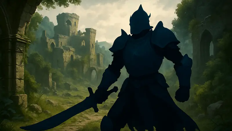 Главный герой игры Mistfall Hunter в фэнтезийной броне, готовящийся к бою