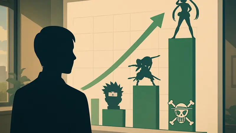 График роста рынка аниме с цифрами и логотипами популярных аниме-сериалов