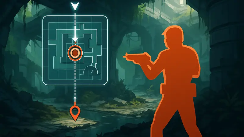 Иллюстрация игрового процесса Marathon с элементами карты и маркерами для скрытого тайника
