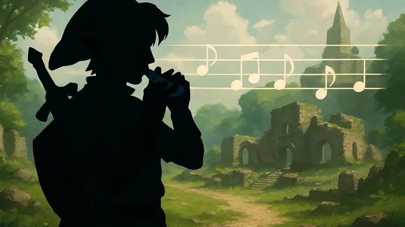Линк из игры Zelda: Ocarina of Time в обновлённой графике, с элементами нотного стана