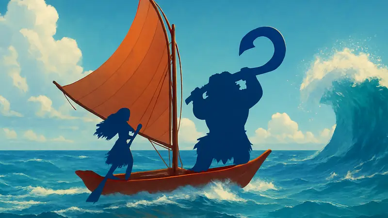 Моана и Мауи из анимационного фильма Disney, плывущие по океану.
