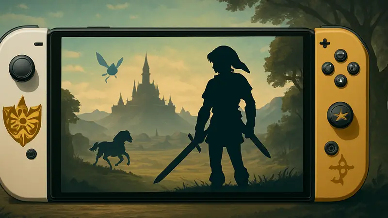 Изображение консоли Nintendo Switch 2 в дизайне The Legend of Zelda: Ocarina of Time.