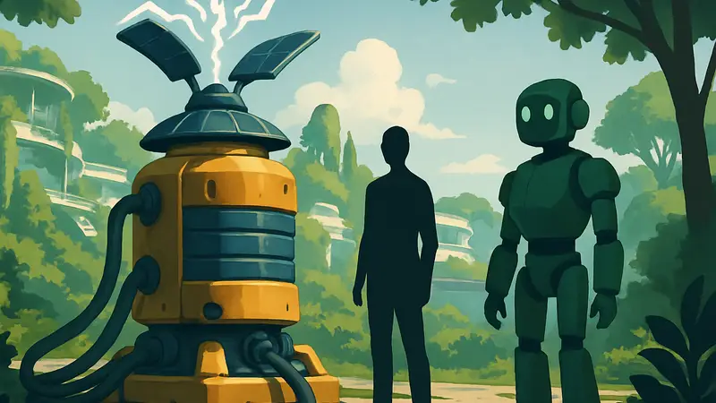 Игровой генератор энергии в Solarpunk, создающий электричество, с Торговым ботом на фоне.