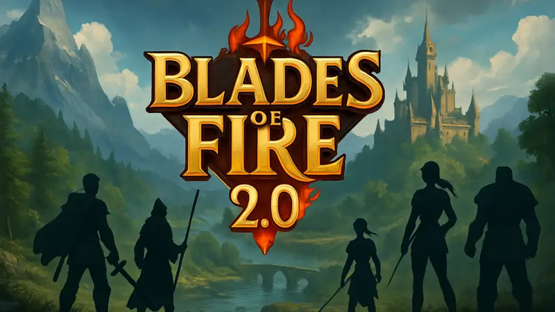 Логотип Blades of Fire 2.0 на фоне фэнтези-мира, дата выхода в Steam 14 мая 2026.