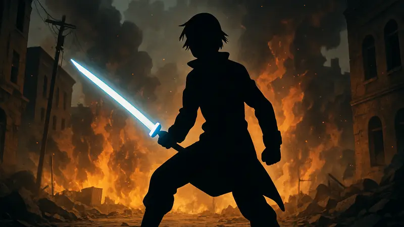 Артур Бойл из аниме «Пламенная бригада» в героической позе с плазменным мечом