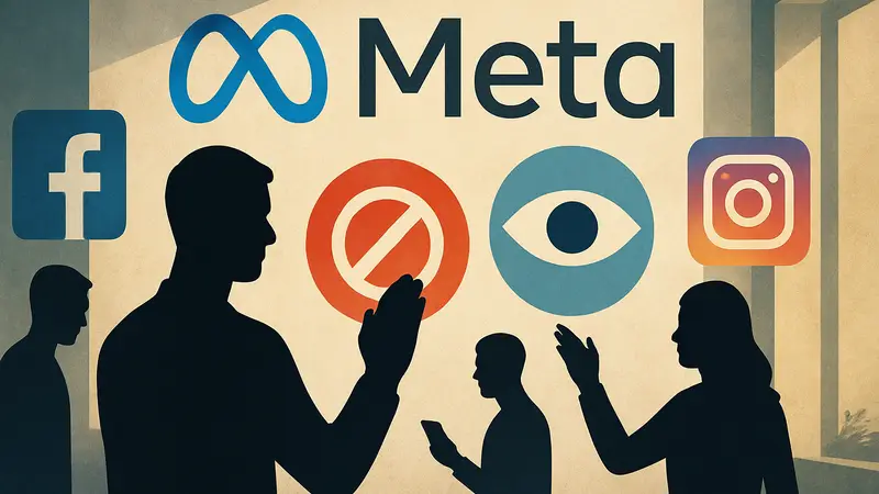 Логотип Meta и иконки социальных сетей, символизирующие модерацию аккаунтов и прозрачность.