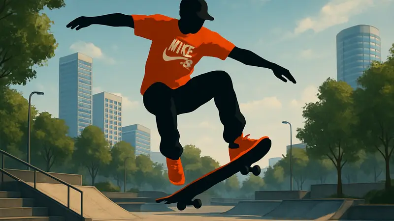 Персонаж из игры Skate в одежде Nike SB, выполняющий трюк