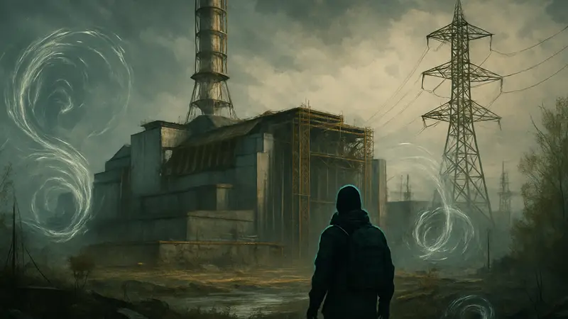 Логотип STALKER 2: Cost of Hope на фоне Чернобыльской АЭС, окруженной аномалиями