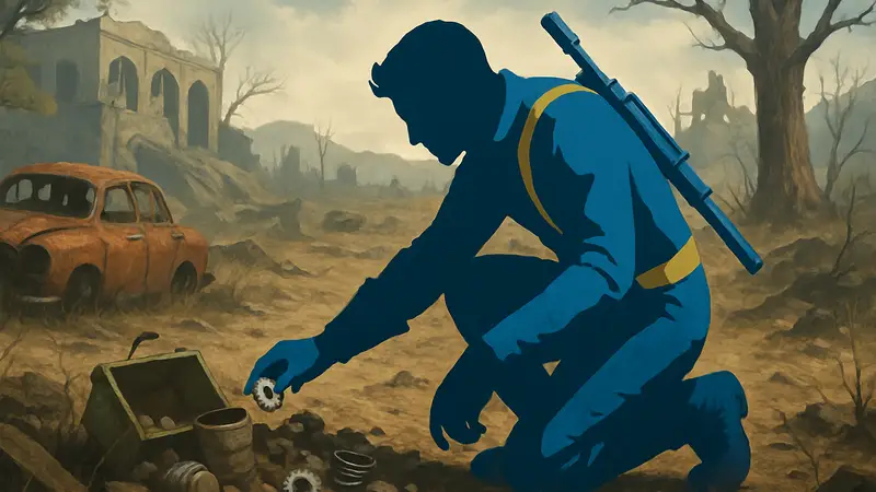 Игрок Fallout 4 собирает винты из хлама на Пустоши.