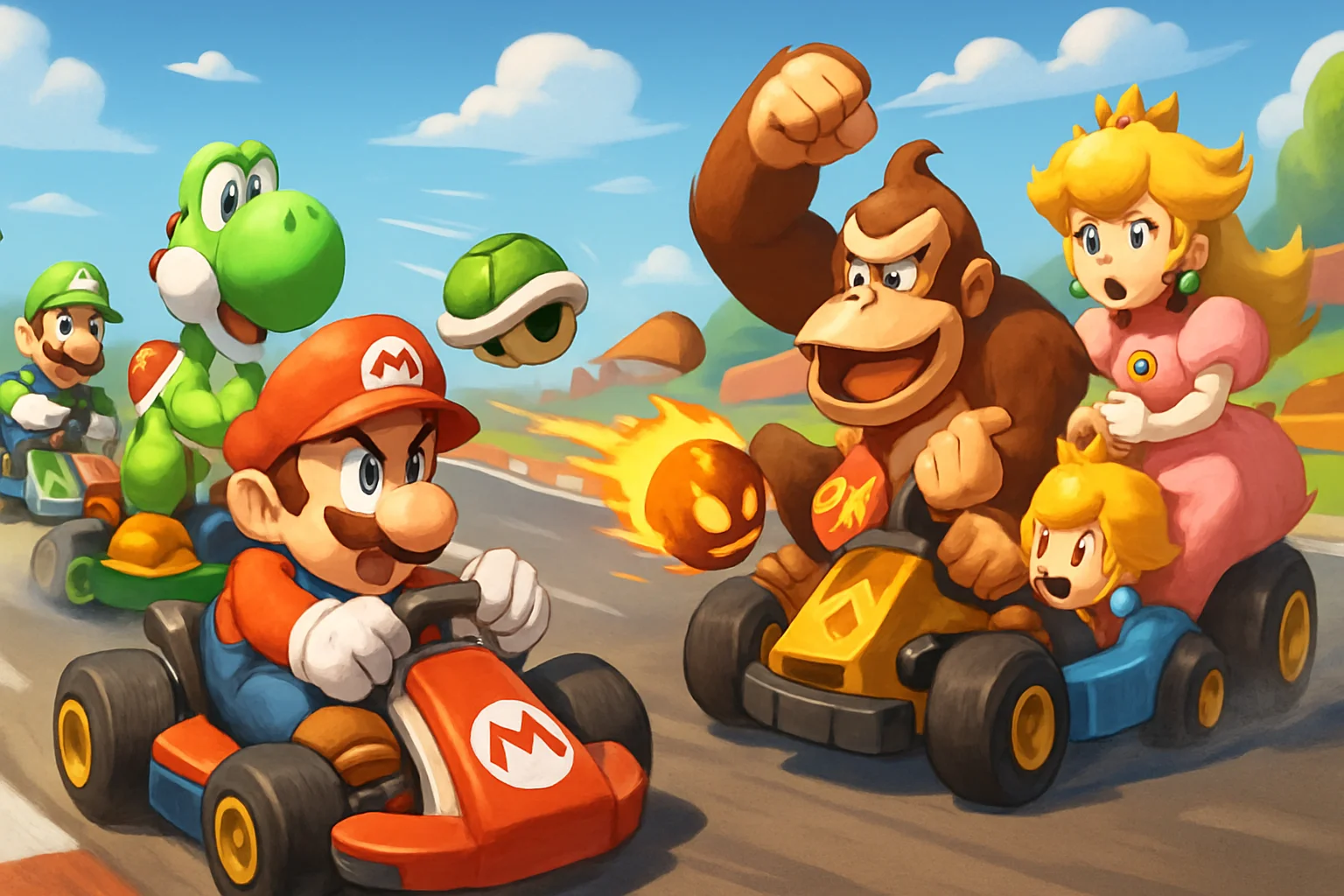 Персонажи Mario Kart в командной гонке на трассе, показывающие элементы командного боя.