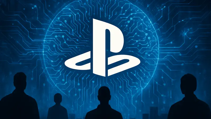 Логотип PlayStation на фоне абстрактного изображения, символизирующего ИИ и технологии.
