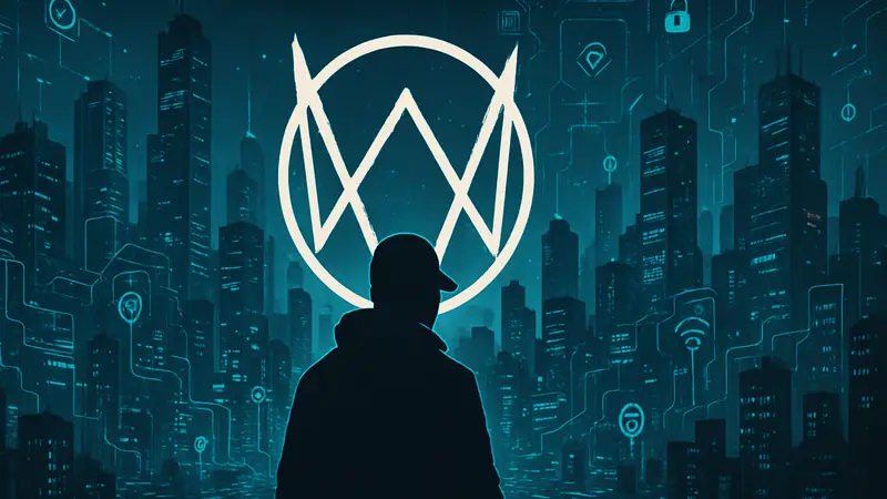 Логотип Watch Dogs на фоне силуэта города, наполненного голограммами и цифровыми элементами, символизирующими хакерство и технологии.