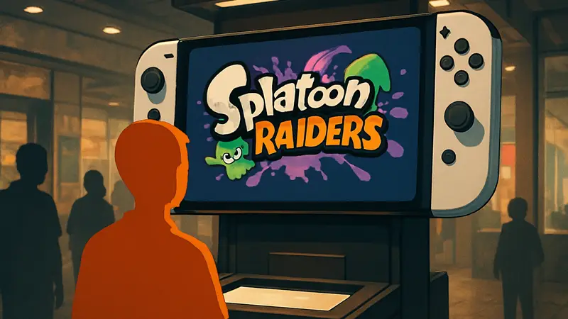 Логотип Splatoon Raiders на экране Nintendo Switch 2 в демонстрационном киоске.
