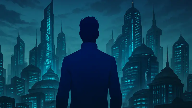 Логотип Deus Ex Invisible War, на фоне футуристического города