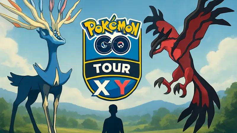 Легендарные покемоны Xerneas и Yveltal на фоне логотипа Pokemon GO Tour 2026 с элементами X и Y.