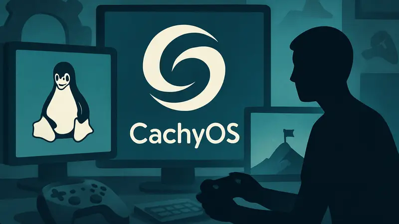 Логотип CachyOS на фоне элементов Linux и игр