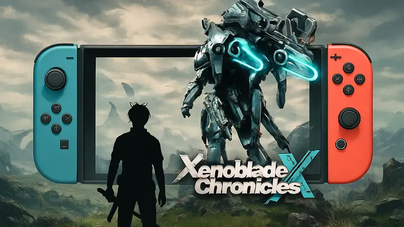 Логотип Xenoblade Chronicles X на фоне консоли Nintendo Switch.