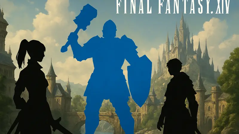 Персонажи Final Fantasy 14 и логотип игры, с намёком на новый класс Бастион или Evercold.