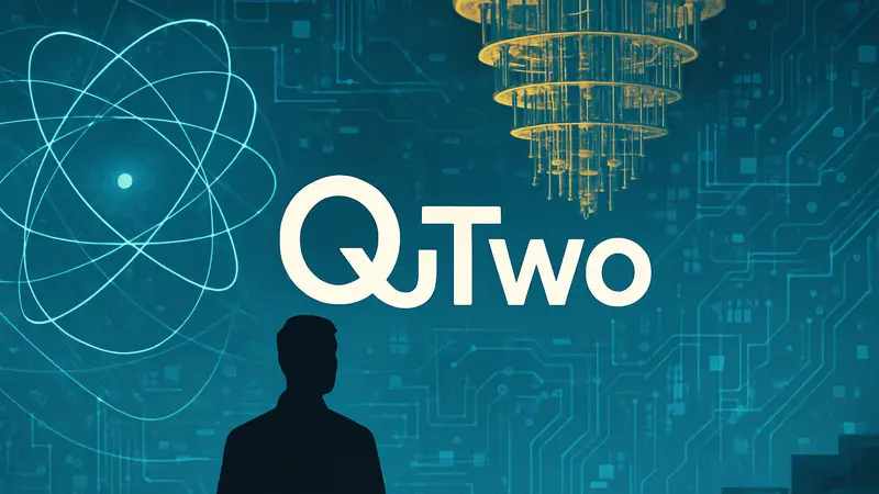 Логотип стартапа QuTwo на фоне абстрактного изображения квантовых вычислений и технологий.
