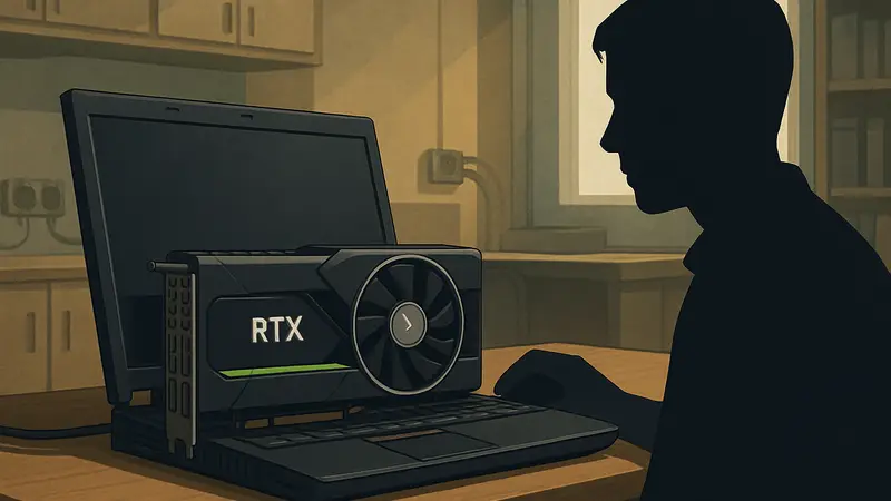 Фото модифицированного ноутбука Lenovo ThinkPad 2008 года с установленной видеокартой NVIDIA RTX 4070 Super.