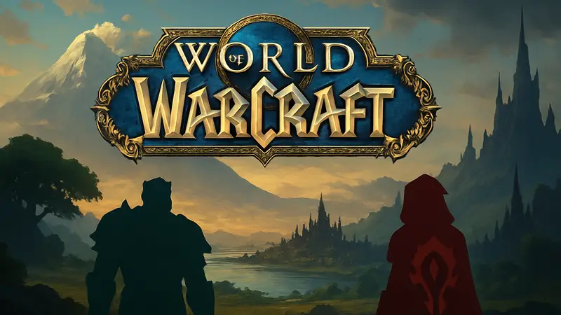 Логотип World of Warcraft на фоне эпического пейзажа Азерота, символ фракций