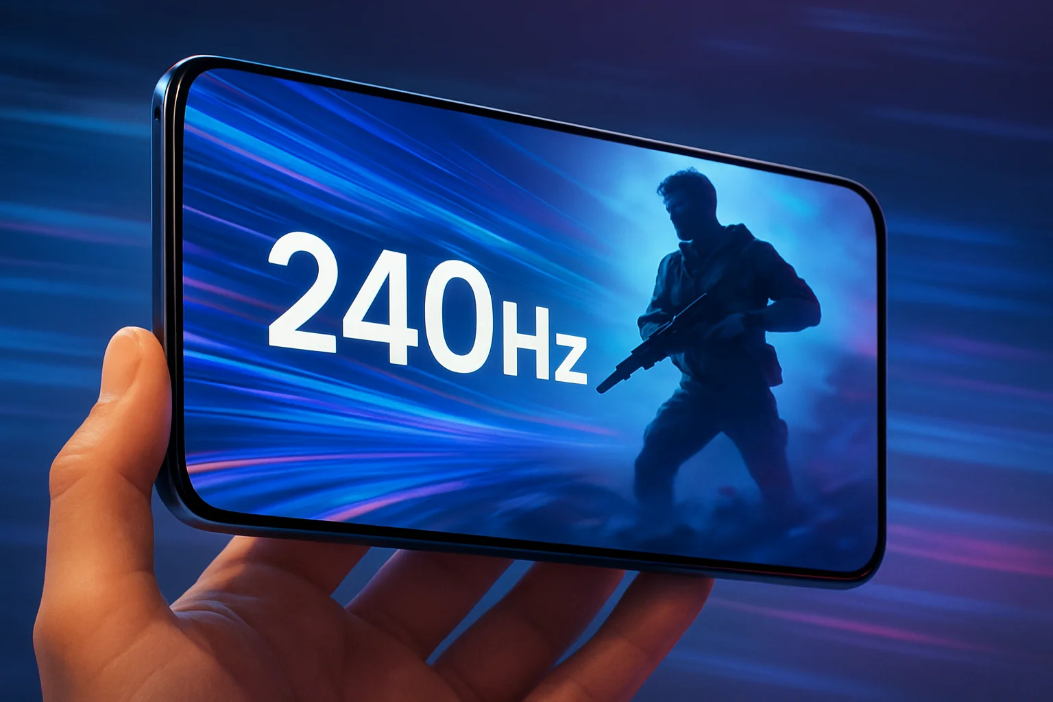 Современный смартфон с изображением дисплея 240 Гц, демонстрирующего высокую частоту обновления экрана.