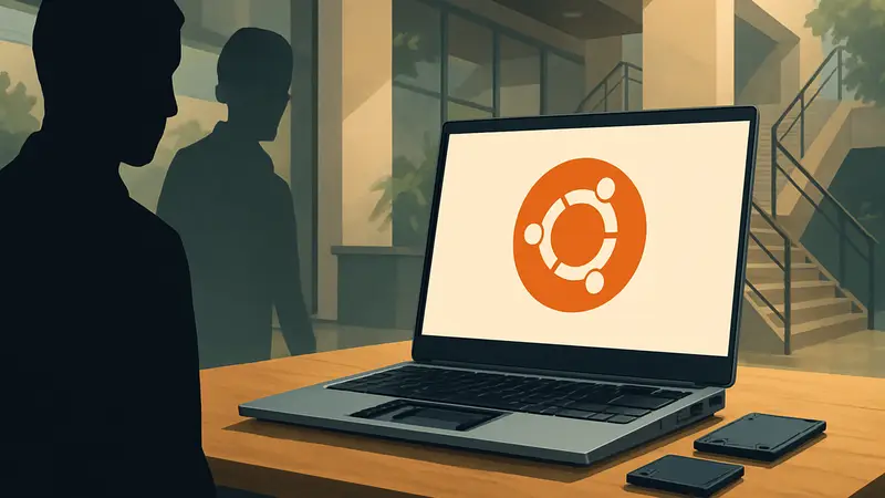 Ноутбук Framework с логотипом Ubuntu на экране, демонстрирующий модульную конструкцию.
