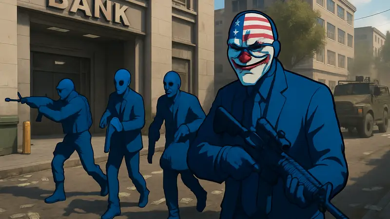 Скриншот из игры Tacticool с персонажами из PAYDAY. Коллаборация игр, ограбления, шутер.