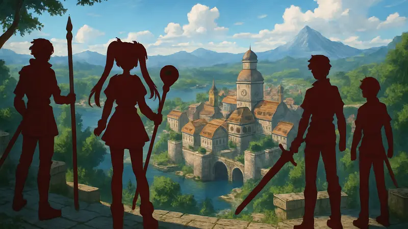 Арт из игры Trails in the Sky, демонстрирующий главных персонажей в фэнтезийном мире JRPG.