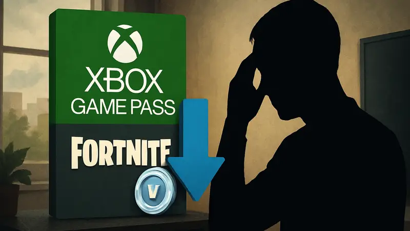 Обложка Xbox Game Pass Ultimate с логотипом Fortnite и V-баксов, символизирующая ухудшение бонусов.