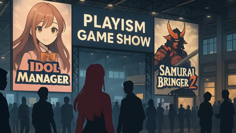 Постер выставки Playism Game Show 2026 с логотипами инди-игр Idol Manager и Samurai Bringer 2.