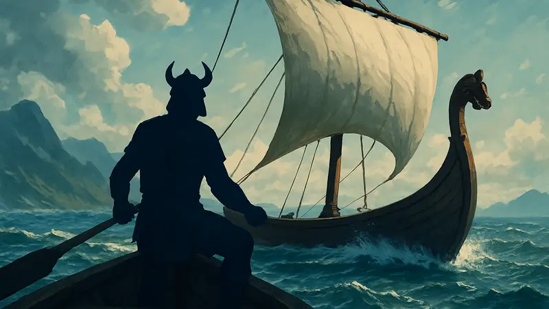 Игрок Valheim на корабле в океане с надписью "Price Hike 50%".