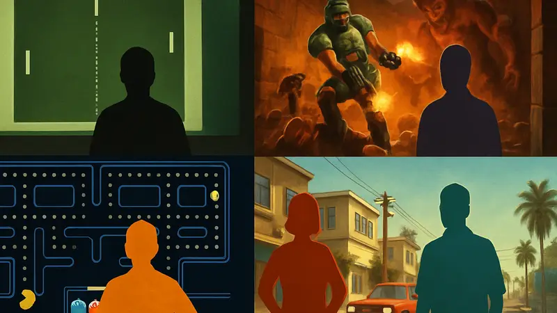 Коллаж из скриншотов классических игр Pong, Pac-Man, Doom и Grand Theft Auto, демонстрирующий их влияние.