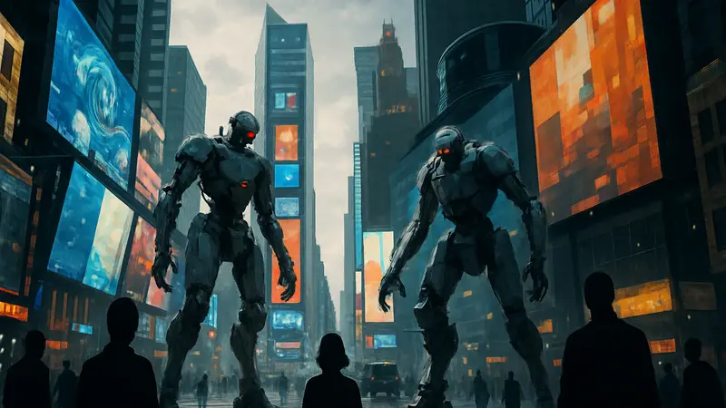 Игровой скриншот Pragmata, изображающий Таймс-сквер с роботами-убийцами.