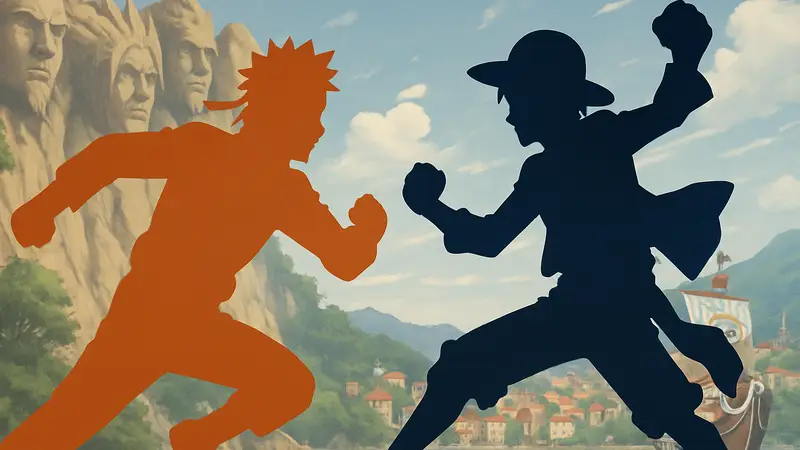 Главные герои аниме "Наруто" и "One Piece" в динамичных позах на фоне.