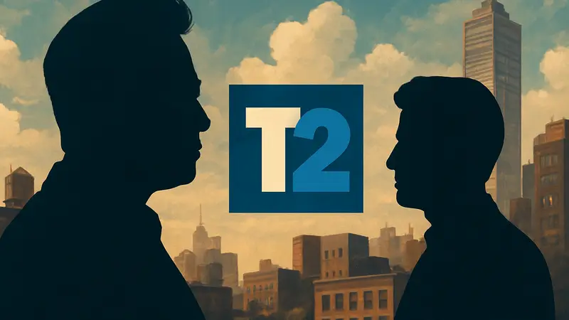 Илон Маск и логотип Take-Two, символизирующие дискуссию об ИИ и рабочих местах.